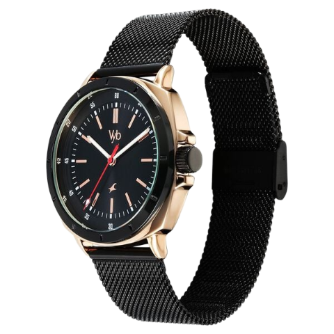 Fastrack Vyb Pioneer Quartz Analog Black Dial Black Metal Strap Watch For Guys