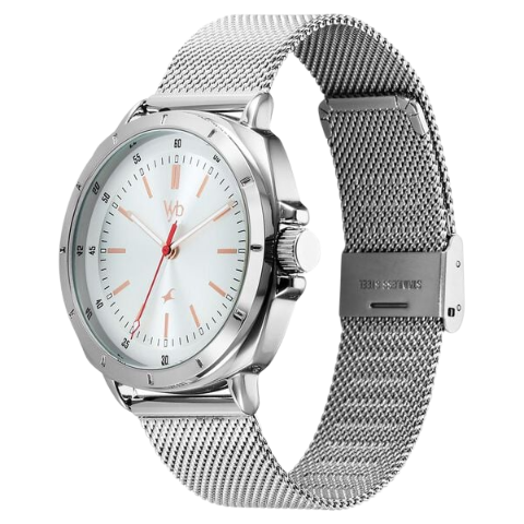 Fastrack Vyb Pioneer Quartz Analog Silver Dial Silver Metal Strap Watch For Guys