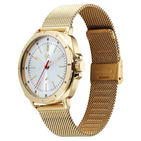 Fastrack Vyb Pioneer Quartz Analog Silver Dial Golden Metal Strap Watch For Guys
