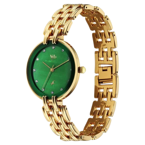 Fastrack Vyb Eclipse By Quartz Analog Green Mother Of Pearl Dial Metal Strap Watch For Girls