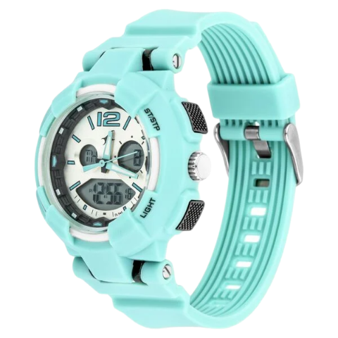 Fastrack Street Line Quartz Digital Analog Digital Silver Dial Green PU Strap Watch For Girls