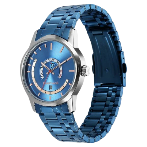 Fastrack Exuberant Quartz Analog with Day and Date Blue Dial Metal Strap Watch for Guys