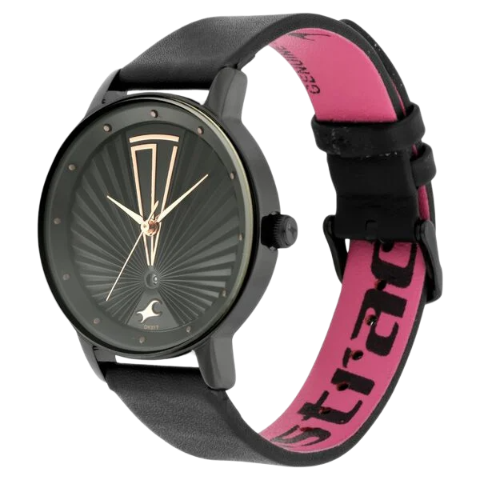 Fastrack Ruffles Quartz Analog with Date Black Dial Leather Strap Watch for Girls