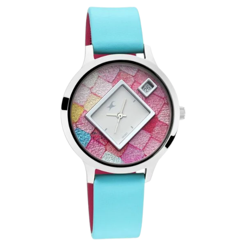 Fastrack Fit Outs Quartz Analog with Date Multicoloured Dial Leather Strap Watch for Girls