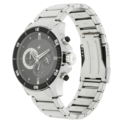 Fastrack Big Time Quartz Chronograph Black Dial Stainless Steel Strap Watch for Guys