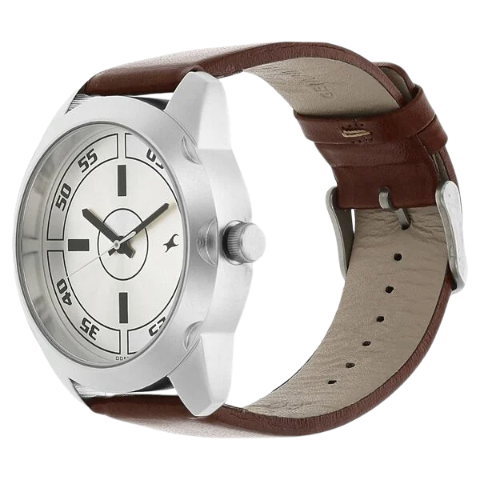 Fastrack Quartz Analog Silver Dial Leather Strap Watch for Guys