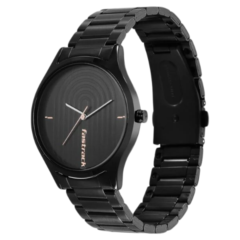 Fastrack Style Up Quartz Analog Black Dial Stainless Steel Strap Watch for Guys