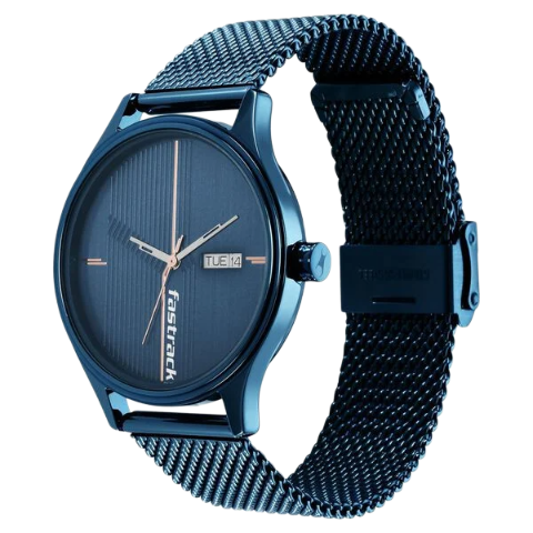 Fastrack Style Up Quartz Analog with Day and Date Blue Dial Stainless Steel Strap Watch for Guys