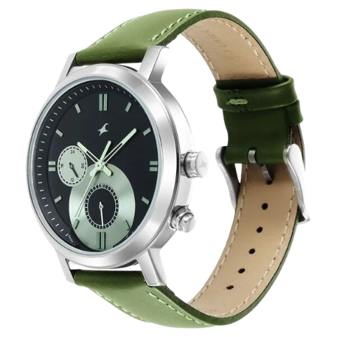 Fastrack Tick Tock Quartz Multifunction Black Dial Leather Strap Watch for Guys