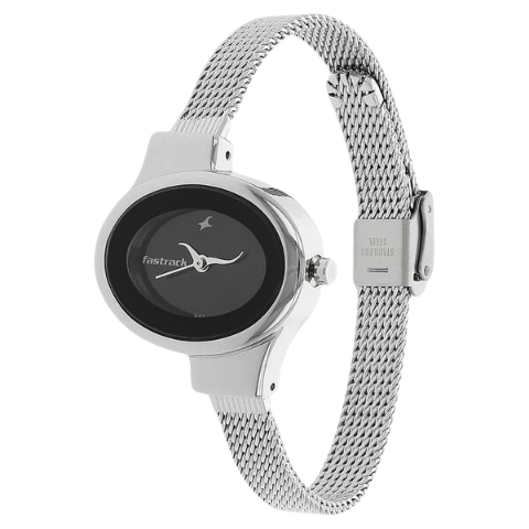 Fastrack Quartz Analog Black Dial Stainless Steel Strap Watch for Girls