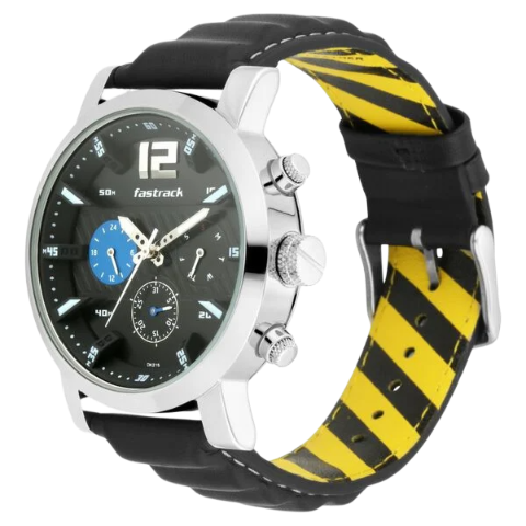 Fastrack Fastfit Quartz Multifunction Black Dial Leather Strap Watch for Guys