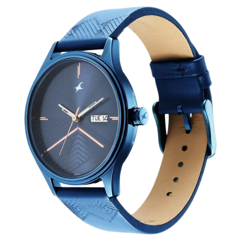 Fastrack Style Up Quartz Analog with Day and Date Blue Dial Leather Strap Watch for Guys