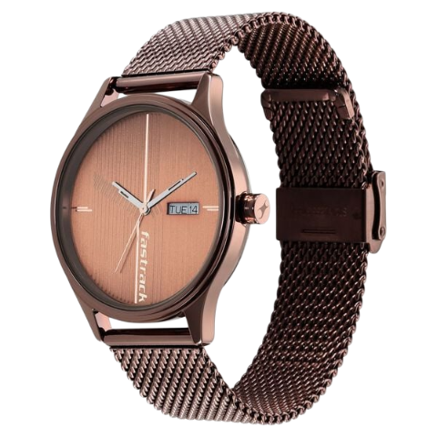 Fastrack Style Up Quartz Analog with Day and Date Brown Dial Stainless Steel Strap Watch for Guys