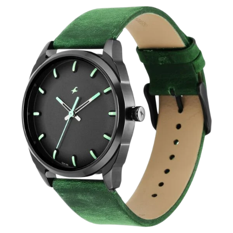 Fastrack After Dark Black Dial Green Leather Strap Watch for Guys