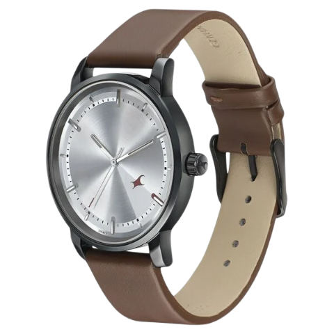 Fastrack Style Up Silver Dial Leather Strap Watch for Guys