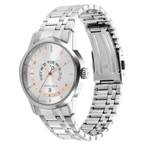 Fastrack Exuberant Quartz Analog with Day and Date Silver Dial Metal Strap Watch for Guys