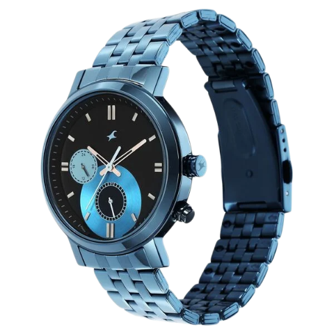 Fastrack Tick Tock Quartz Multifunction Black Dial Metal Strap Watch for Guys