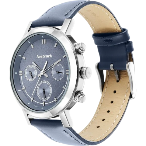 Fastrack Tick Tock Quartz Multifunction Blue Dial Leather Strap Watch for Guys