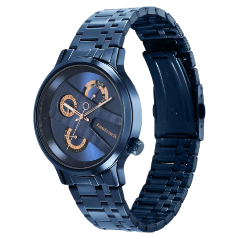 Fastrack Exuberant Quartz Multifunction Blue Dial Stainless Steel Strap Watch for Guys