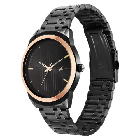Fastrack Stunners Quartz Analog Black Dial Black Stainless Steel Strap Watch For Guys