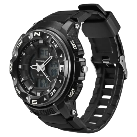 Fastrack AnaDigi Black Dial Black Colour Plastic Strap Unisex Watch
