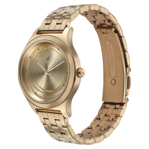 Fastrack Style Up Golden Dial Stainless Steel Strap Watch for Girls