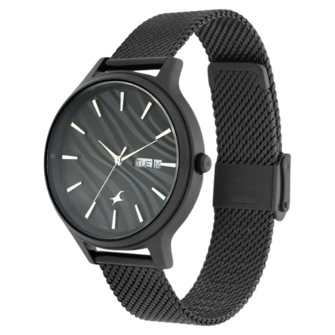 Fastrack Ruffles Quartz Analog with Day and Date Black Dial Stainless Steel Strap Watch for Girls
