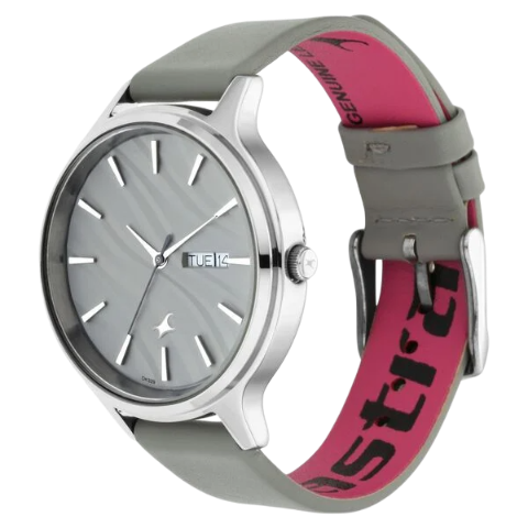Fastrack Ruffles Quartz Analog with Day and Date Grey Dial Leather Strap Watch for Girls