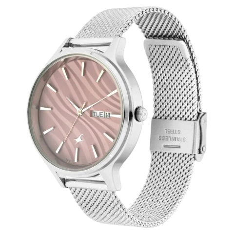 Fastrack Ruffles Quartz Analog with Day and Date Pink Dial Stainless Steel Strap Watch for Girls