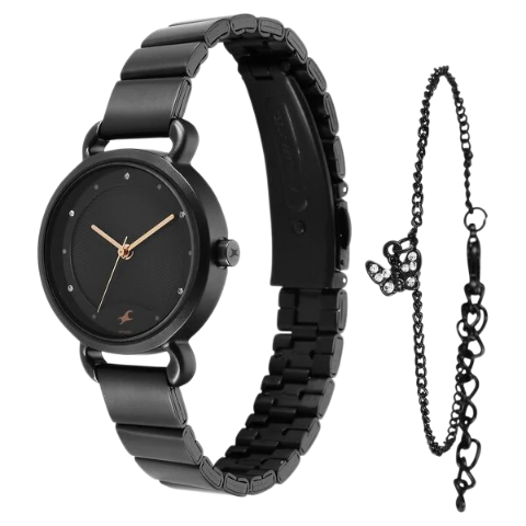 Fastrack Pulse Quartz Analog Black Dial Black Stainless Steel Strap Watch For Girls