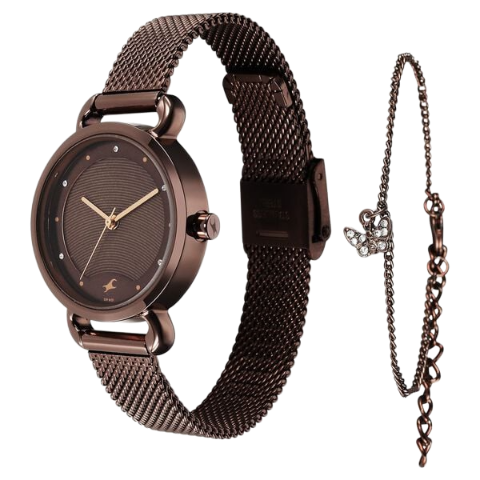 Fastrack Pulse Quartz Analog Brown Dial Stainless Steel Strap Watch for Girls