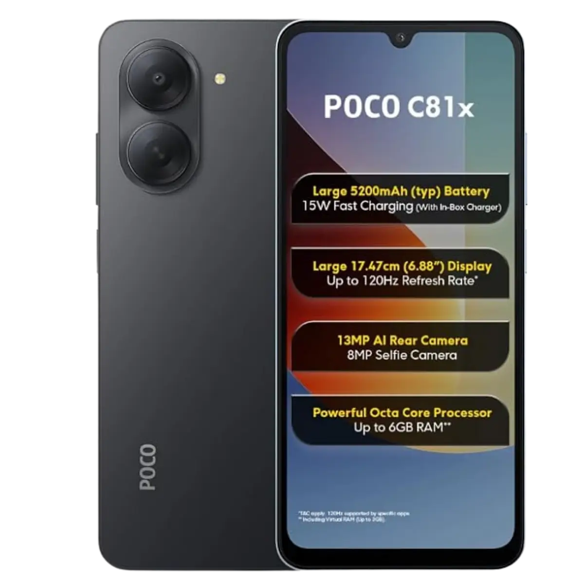 POCO C81x 4G 3GB+64GB | Unisoc T7250 | 6.88-inch HD+ 120Hz Display | 13MP Camera | 5200mAh Battery | 15W Fast Charging